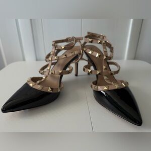 Mix No. 6 Pointed Patent Pumps with Nude Studded Straps - Wide Width
